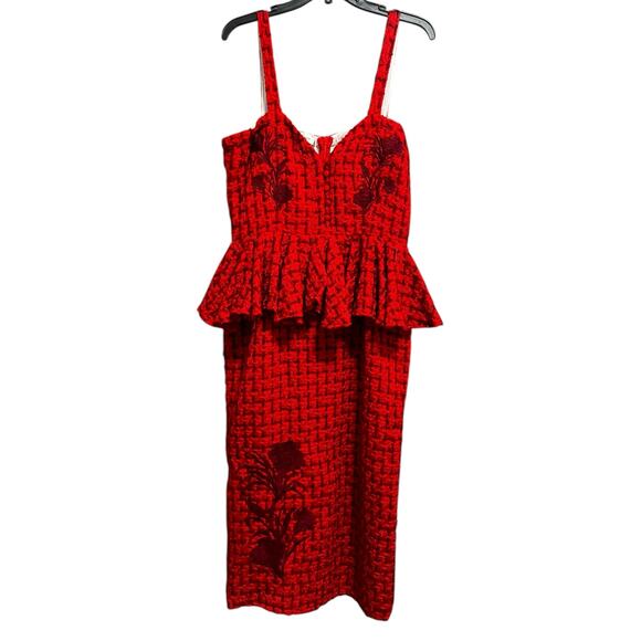 $429 Fanm Mon GULIA Corset Peplum Embroidered Tweed Midi Dress | Red Sz XL NWT - Picture 3 of 16
